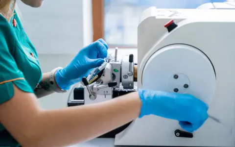 Ręce w niebieskich rękawiczkach pracują przy mikrotomie, przygotowując próbkę tkanki do badania. Może to być kluczowe dla diagnozy, czy wykryty guz jest złośliwy.