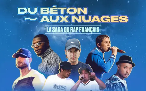 La saga du rap français : des artistes emblématiques comme Booba, Damso, et d'autres, réunis sous un ciel étoilé.