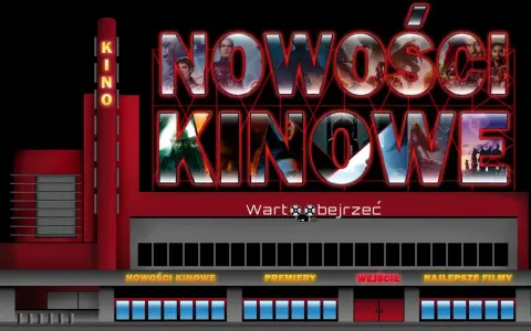 Neonowy napis "NOWOŚCI KINOWE" na tle kina z klatkami filmowymi w literach.