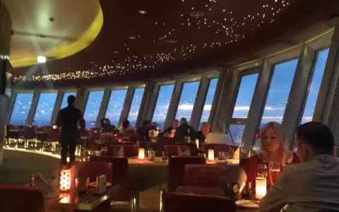 Gemütliches Alexanderplatz Restaurant mit Sternenhimmel-Decke und Panoramablick auf die Stadt bei Nacht.