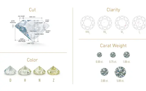 Guide pour l'estimation bijoux diamant : détails sur la taille, la couleur, la pureté et le poids en carats des diamants.