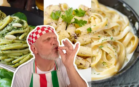 Un chef savoure trois plats de pâtes : pesto, rigatoni crémeux et fettuccine Alfredo. La forme de pâte parfaite pour chaque envie.