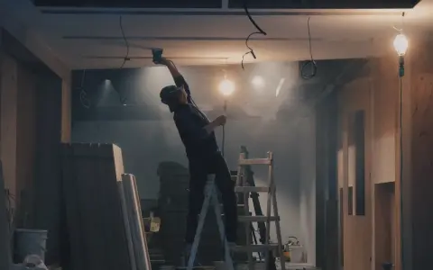 Budowlaniec na drabinie montuje sufit podwieszany, w tle widać materiały budowlane i wiszące kable.