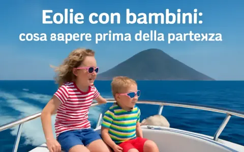 Bambini felici in barca alle Isole Eolie, con un vulcano sullo sfondo. Perfetto per una vacanza in famiglia!