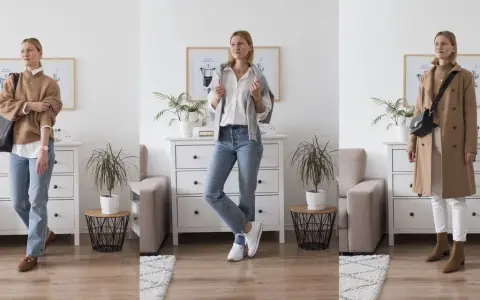Kobieta prezentuje trzy różne propozycje stylu ubioru: sweter i jeansy, białą koszulę i jeansy, oraz płaszcz i białe spodnie.