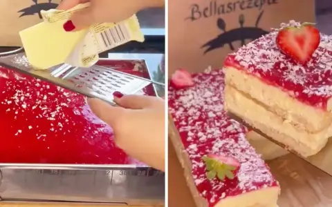 Ein leckerer Kuchen wird zubereitet. Butter wird über eine rote Masse gerieben, die an Spaghetti-Eis erinnert. Fertige Kuchenstücke mit Erdbeeren und Kokosraspeln sind zu sehen.