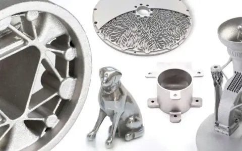 Metalowe wydruki 3D: koło, pies, okrągły element z ażurowym wzorem i części mechaniczne.