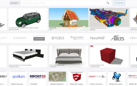 Modele 3d SketchUp: łódź rybacka, zielony Mini Cooper, świątynia, mechanizm, zbiorniki przemysłowe, meble i inne.