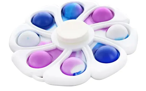 En vit fidget spinner pop it med åtta bubblor i blått, lila och vitt.