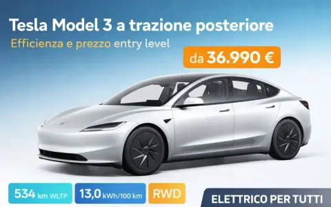 Tesla Model 3 RWD con 534 km di autonomia WLTP, ideale per chi cerca efficienza e un prezzo entry level.