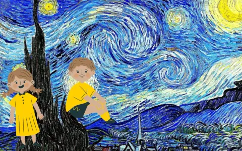 Dzieci w żółtych strojach na tle Gwieździstej Nocy, jak w muzeum Van Gogha w Amsterdamie.