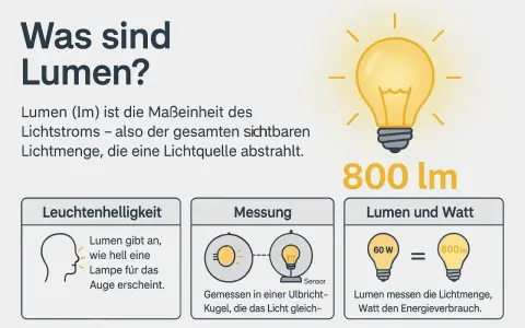 Lumen (lm) misst die Lichtmenge, die eine Lampe abstrahlt. 800 lm bedeuten, dass die Lampe hell ist.