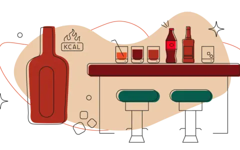 Ilustracja przedstawia bar z butelką whisky i napojami. Obok butelki symbol płomieni i napis "KCAL" sugerują, ile kalorii ma whisky.