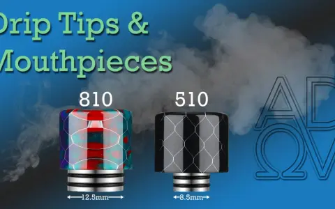 Dos boquillas de vapeo, una 810 multicolor y otra 510 negra, con vapor de fondo. Accesorios drip para personalizar tu experiencia.