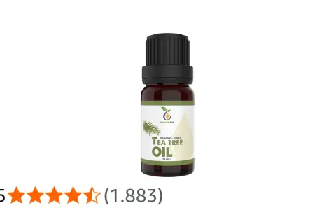 Flacone di tea tree oil, ideale per combattere le macchie del viso. Valutazione 4,5 stelle.