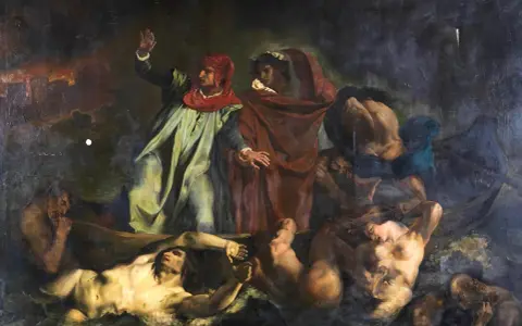 Dante Alighieri leder en båt genom mörka vatten, omgiven av lidande själar.