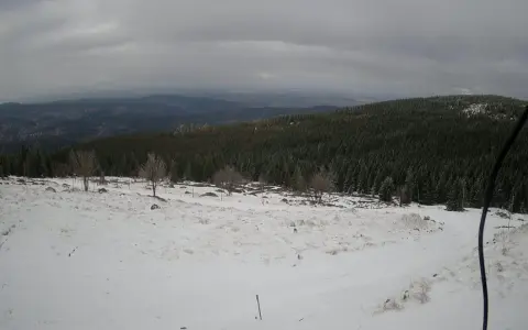 Zimowy krajobraz górski, pokryty śniegiem. W oddali las i mgliste wzgórza. Czy Śnieżka jest otwarta?