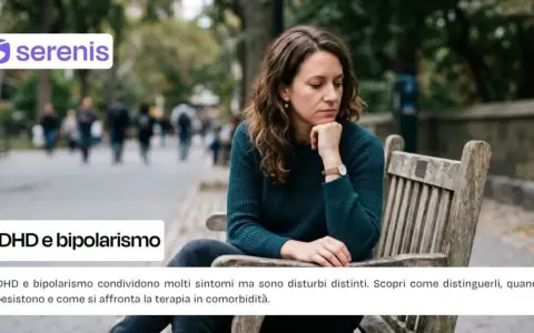 Donna pensierosa su una panchina, con testo su ADHD e bipolarismo.