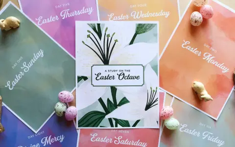 A study on the Easter Octave, featuring daily readings from Easter Sunday to Divine Mercy Sunday, surrounded by pastel-colored papers and decorative eggs.