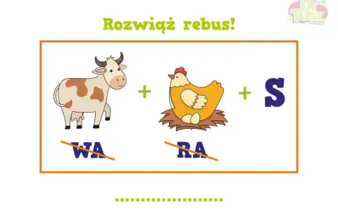 Rozwiąż rebus! Krowa (bez WA) + kura (bez RA) + S = ? Zabawne rebus dla dzieci do druku.