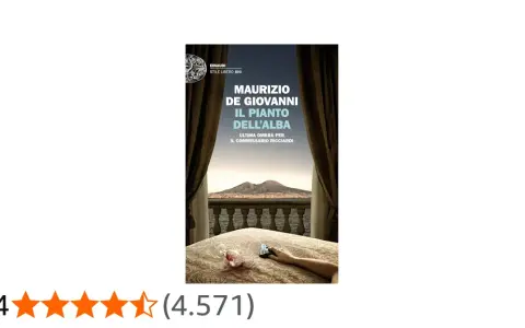 Copertina del libro "Il pianto dell'alba" di Maurizio de Giovanni, con una mano che tiene una pistola su un letto, sullo sfondo il Vesuvio.
