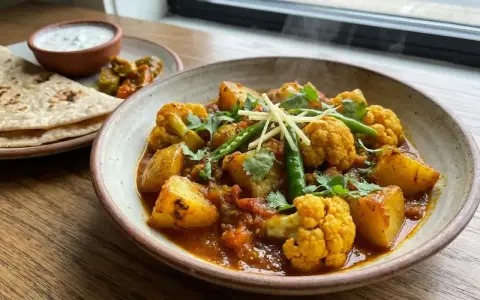 En härlig portion indisk mat med blomkål, potatis och gröna chili i en kryddig sås, serverad med naanbröd och raita.