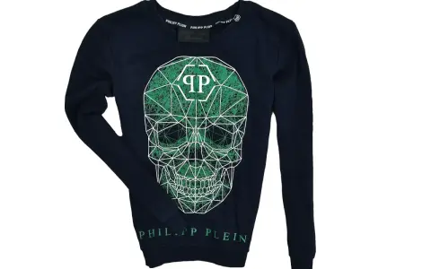 Granatowa bluza Philipp Plein z geometryczną, zieloną czaszką i logo marki.