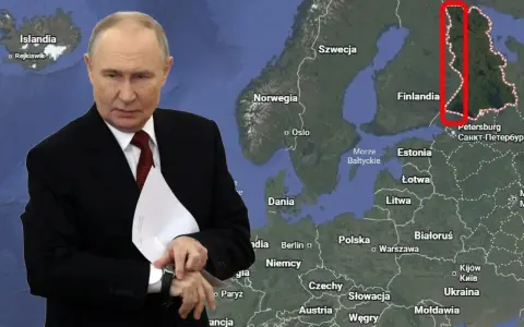 Władimir Putin na tle mapy Europy z zaznaczonym fragmentem Finlandii.