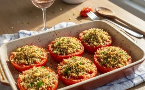 Six tomates provençales garnies d'une chapelure croustillante et d'herbes, dans un plat à gratin. Un verre de rosé et des couverts sont à proximité.