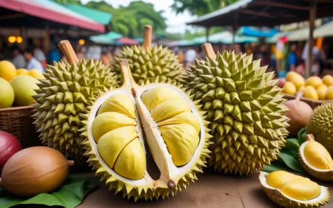 En marknad med flera durian frukt, en del uppskuren och visar det gula fruktköttet.