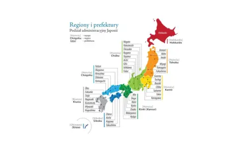 Mapa przedstawia podział administracyjny Japonii, ukazując główne wyspy i prefektury.