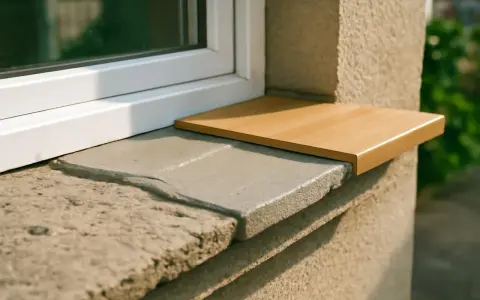 Un appui de fenêtre extérieur en pierre grise avec une nouvelle tablette en bois clair. Idéal pour nettoyer et embellir.
