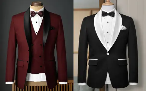 Two elegant tux combinations: a burgundy suit with a black satin lapel and a classic black tuxedo with a white satin lapel.
