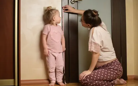 Mama mierzy wzrost dziecka przy drzwiach, sprawdzając, co na wzrost u dziecka.