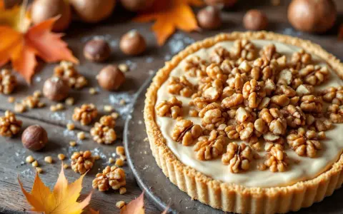 Une délicieuse tarte aux noix crémeuse, garnie de noix entières et de morceaux, sur un fond rustique avec des feuilles d'automne.