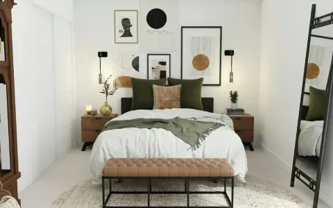 Ideas para decorar una habitación de matrimonio barata: cama con cojines verdes, manta, mesitas de noche de madera, arte abstracto y banco tapizado.