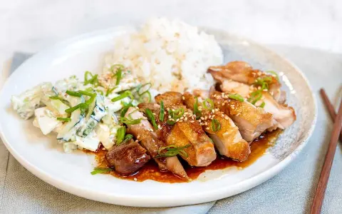 En tallrik med saftig chicken teriyaki, ris och en krämig gurksallad. Garnerad med salladslök och sesamfrön.