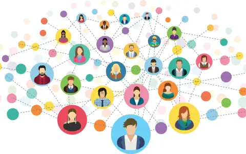 Sieć kontaktów, czyli networking jak zacząć. Kolorowe kółka z ikonami ludzi połączone liniami, symbolizujące relacje.