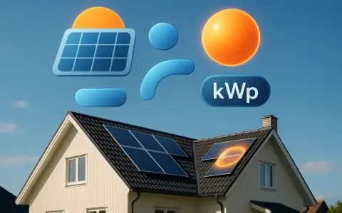 Hus med solpaneler på taket. Symboler för sol, energi och kWp illustrerar effekt solpanel.