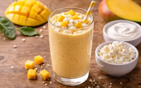 Orzeźwiający koktajl z mango, udekorowany kostkami owocu i serem. Obok leżą świeże mango i miseczki z jogurtem i twarożkiem.