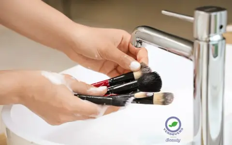 Mani che lavano pennelli da trucco insaponati sotto un rubinetto cromato. Impara come pulire i pennelli da trucco per una pelle sana.