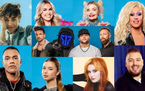 Collage med sommarlov artister: unga män, kvinnor, en dragartist och en maskerad person.