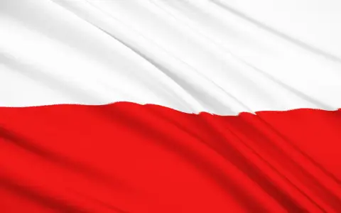 Flaga Polski z białym pasem na górze i czerwonym na dole, lekko pofalowana. Odwrócona flaga polski, symbol dumy narodowej.