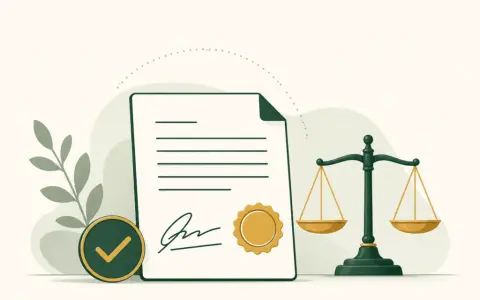 Documento firmato con sigillo, bilancia della giustizia e segno di spunta verde. Rappresenta la conferma preventivo.