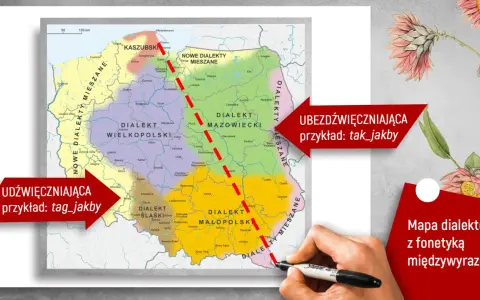 Mapa dialektów Polski. Przykłady gwary wiejskiej: "tag_jakby" (udźwięczniająca) i "tak_jakby" (ubezdźwięczniająca).
