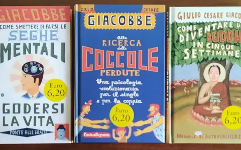 Tre libri di Giulio Cesare Giacobbe: "Seghe mentali", "Alla ricerca delle coccole perdute" e "Come diventare un Buddha in cinque settimane".