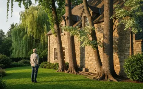 Un homme regarde un grand saule pleureur, son feuillage dense suggérant un danger caché. La maison en pierre est baignée de soleil.