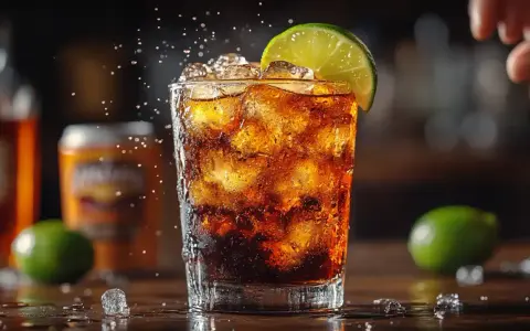 Szklanka z Cuba Libre, lodem i plasterkiem limonki, w tle butelka i puszka.