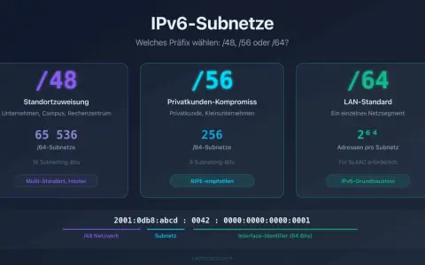 IPv6-Subnetze: /48 bietet 65.536 /64-Subnetze, /56 256, /64 nur eins. Wie viele Adressen? Die Wahl des Präfixes bestimmt die Anzahl.