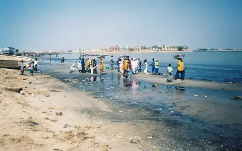 Ludzie na brzegu rzeki Senegal, niektórzy niosą towary na głowach. W tle widać zabudowania.